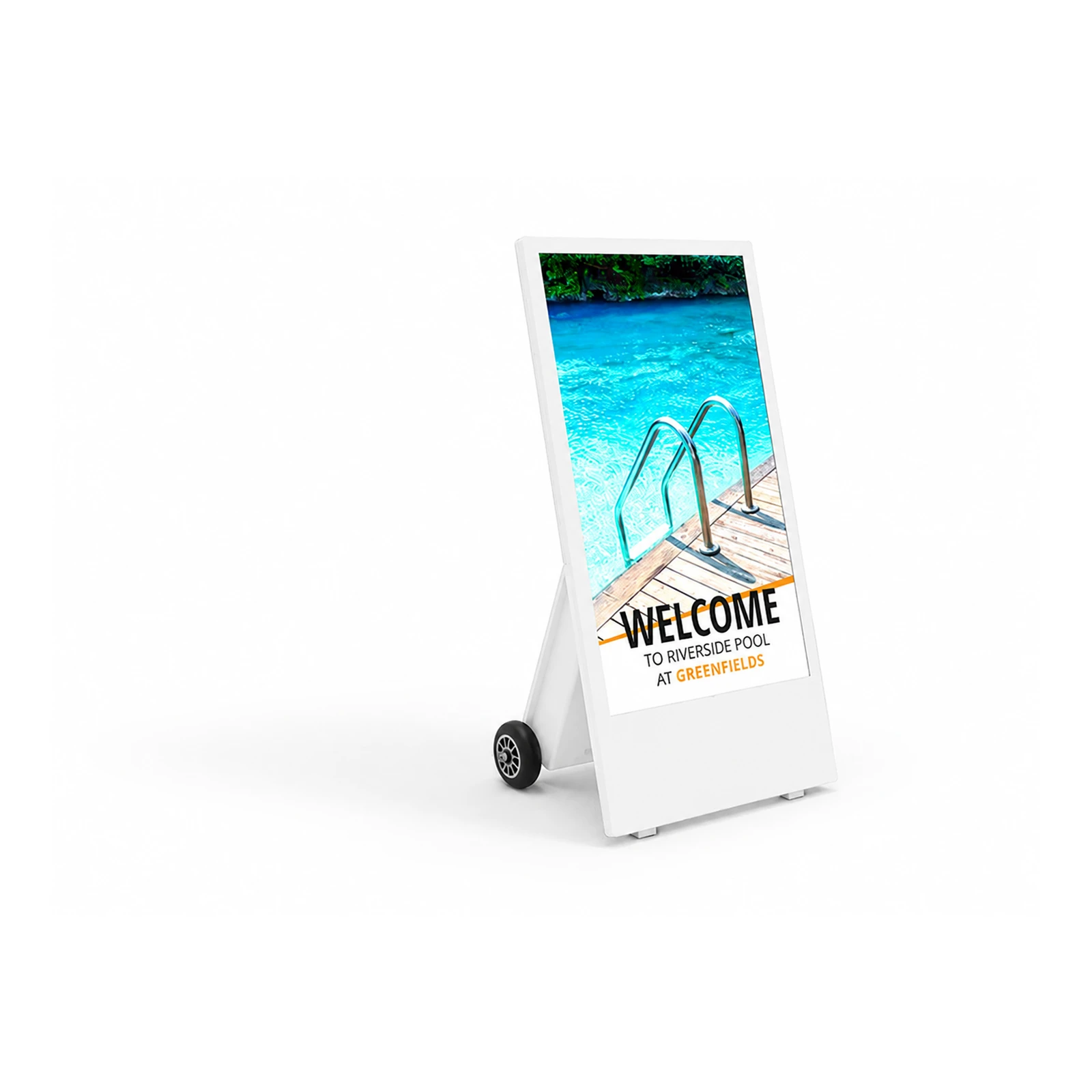 Stand publicitar A-Board Digital Outdoor 43” ALSEE cu baterie, 700 cd/m², Android 14, IP65, rezistent la temperaturi rid