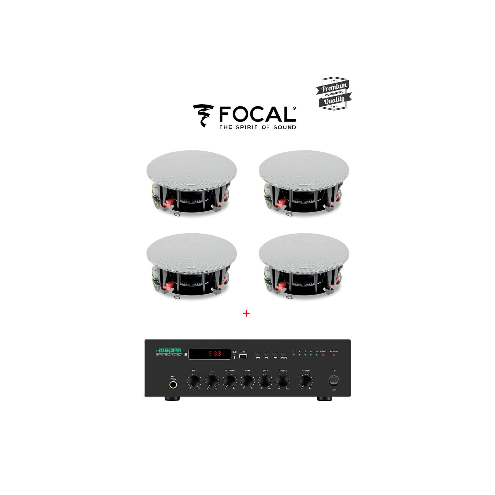 Sistem Sonorizare Premium 60W cu 4 boxe tavan FOCAL ICW 5-T si DSPPA MP60UB , Bluetooth, 100V
