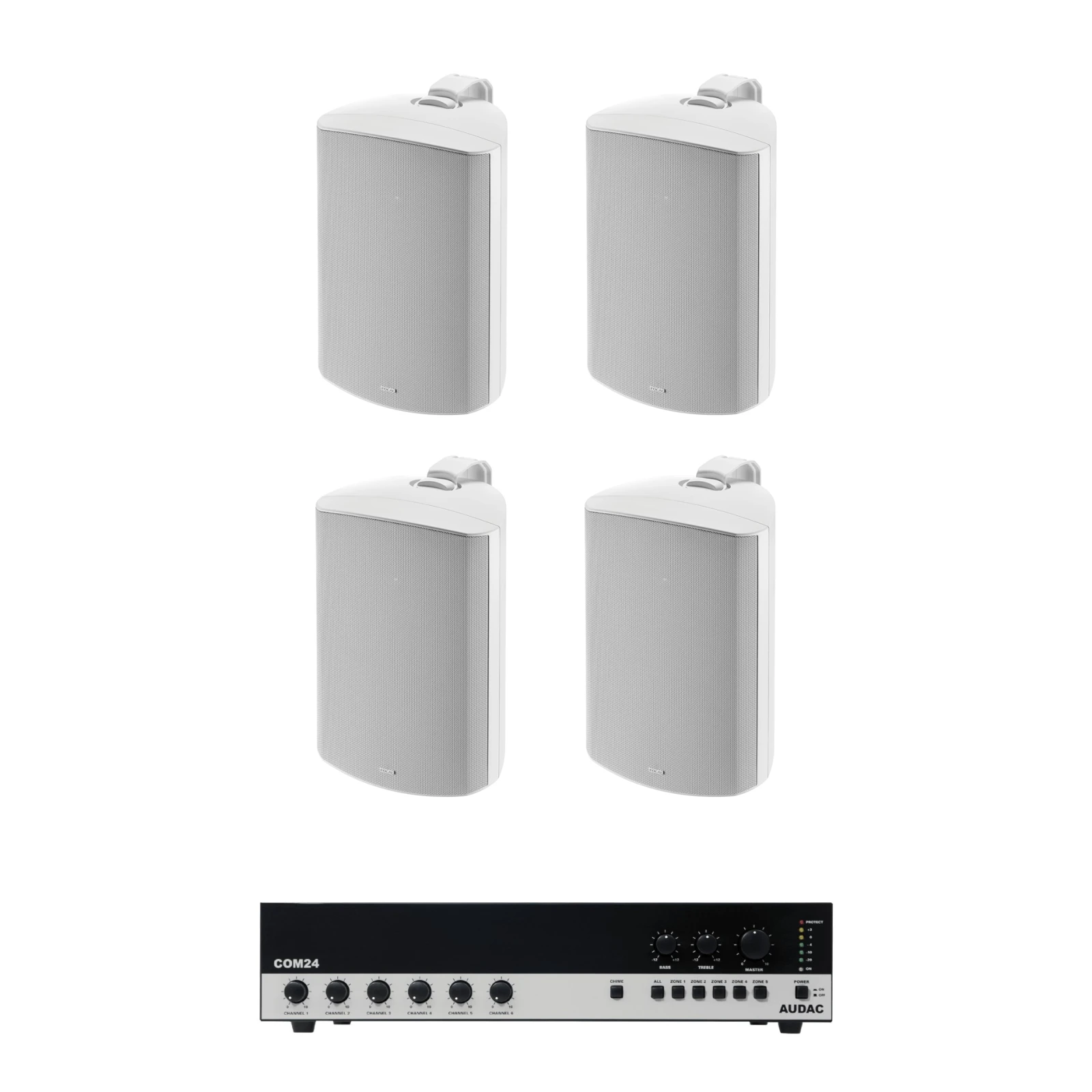 Pachet Sonorizare Terasa 240W pe 100V cu amplif. AUDAC COM24MK2 si 4x boxe Focal 100 OD6-T alb - TG26