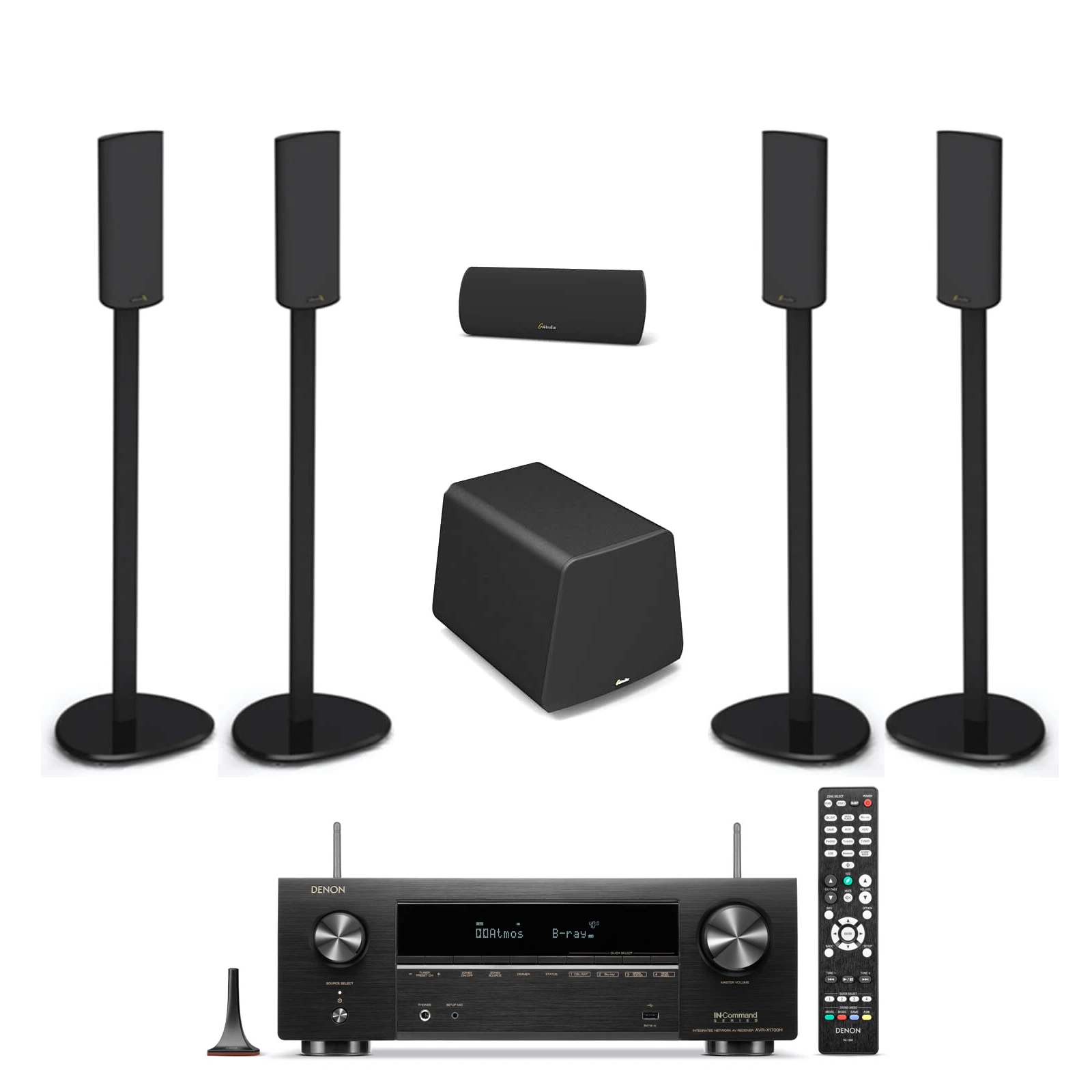 Sistem Home cinema cu Receiver Denon X1700 si Pachet boxe 5.1 GOLDENEAR Supercinema 3 cu standuri de podea SuperStand 3