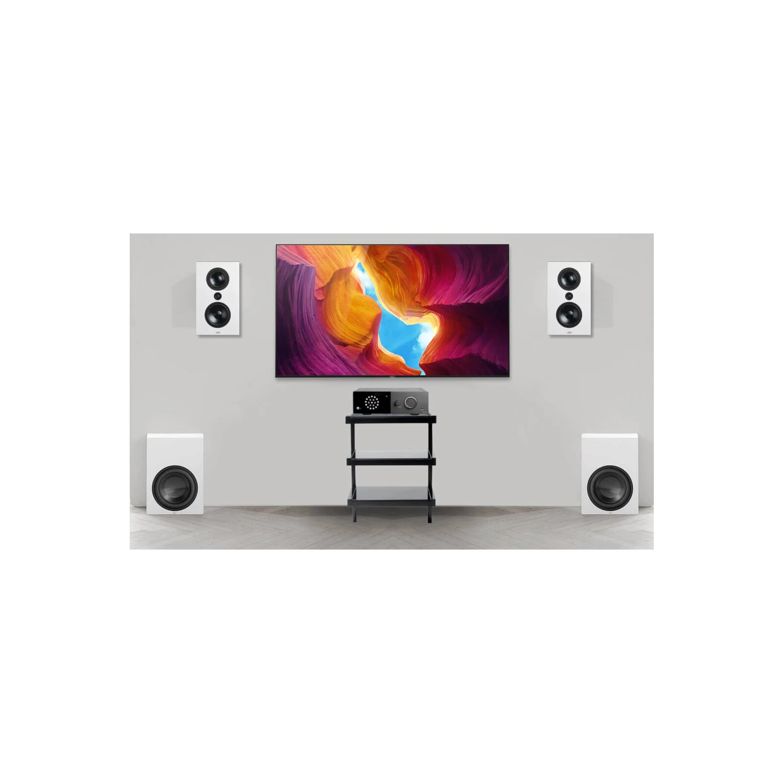 Sistem Stereo Lyngdorf TDAI-1120 + boxe de perete full-range FR-1 + 2x Subwoofer BW-2, Alb