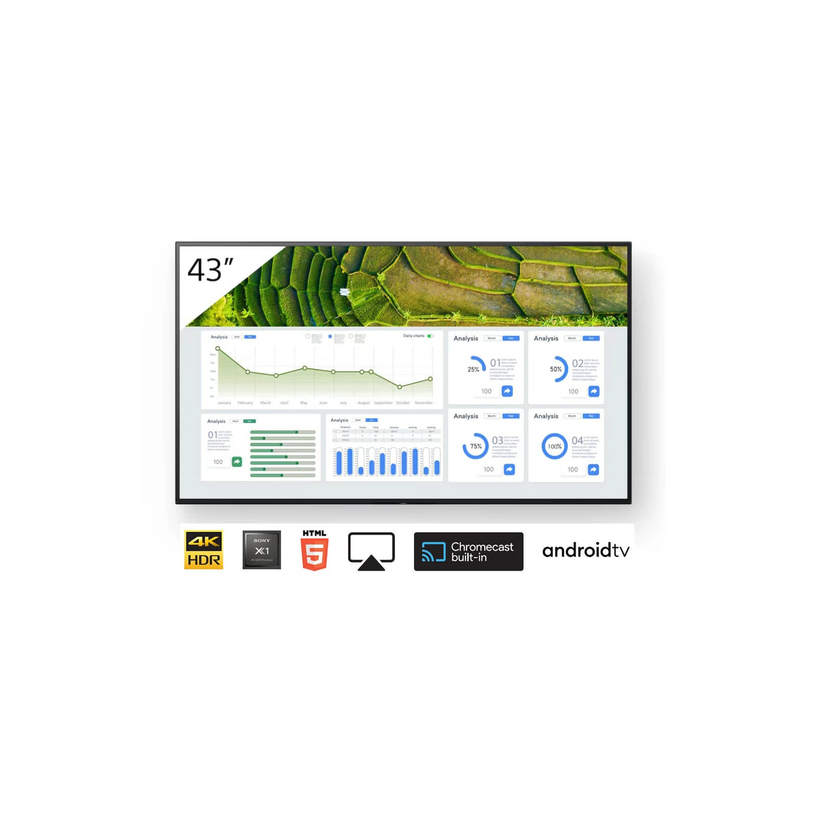 Display profesional 43" Sony Bravia, FW-43BZ30L, 440cd, 24/7, Landscape/Portrait, Apple AirPlay/Chromecast încorporat