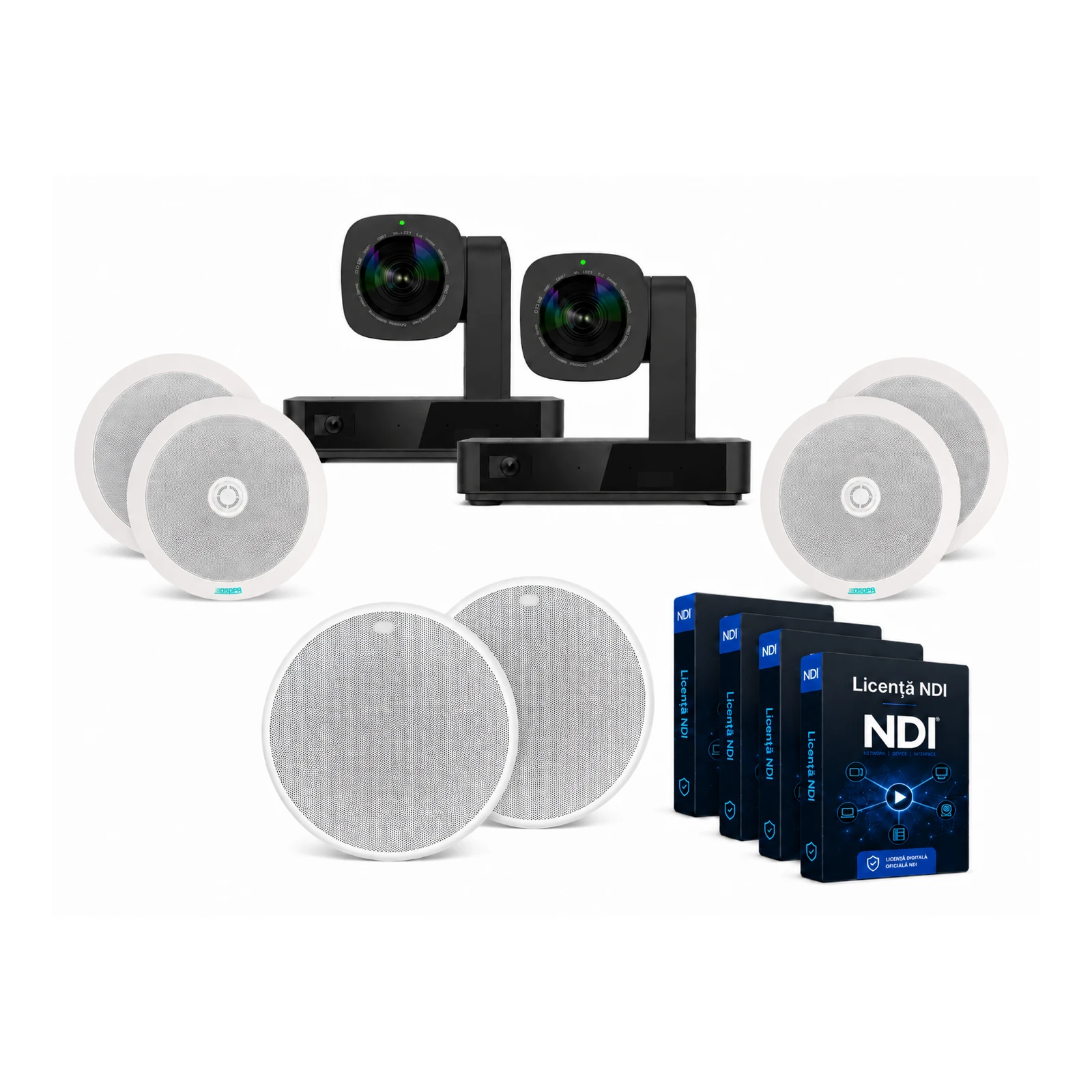 Pachet videoconferință 4K PTZ + 2x microfon tavan + 4x boxe DSP703 + 4x licență NDI – Large Room
