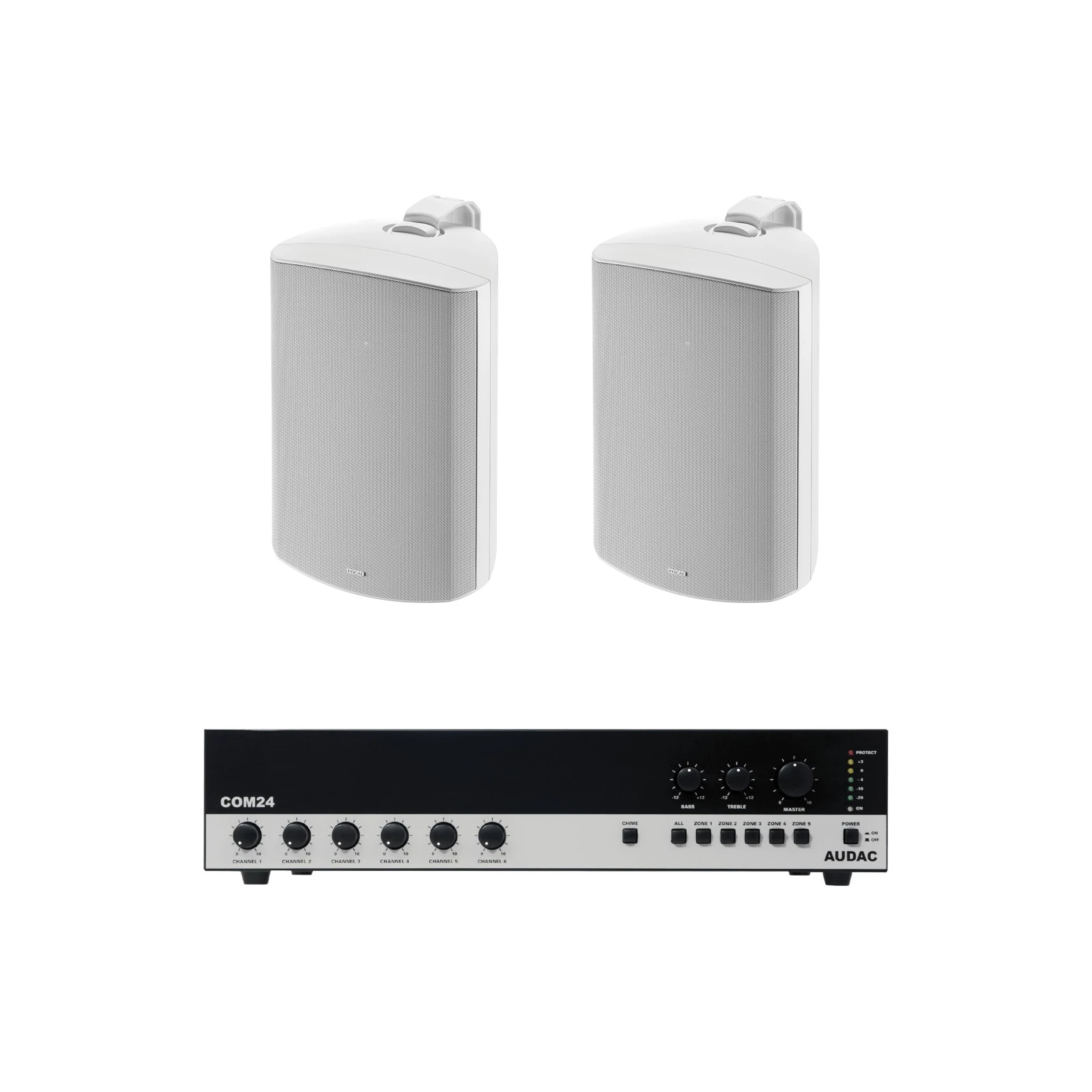 Pachet Sonorizare Terasa 240W pe 100V cu amplif. AUDAC COM24MK2 si 2x boxe Focal 100 OD8-T alb - TG26