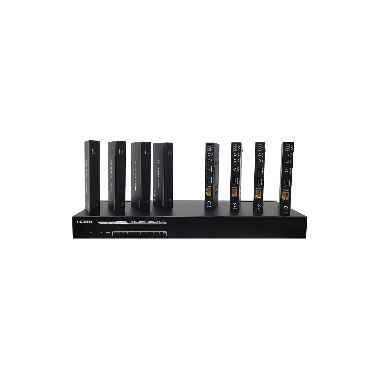 Multiplicator / Splitter 1:8 HDMI 2.0 cu Transport Semnal la 150m prin HDBaseT (kitul contine 8 receptoare)