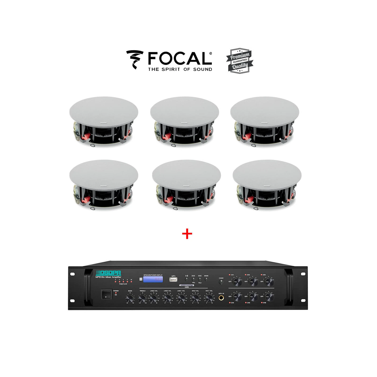 Sistem Sonorizare Premium 90W cu 6 boxe tavan FOCAL ICW 5-T si DSPPA MP310U, Bluetooth, 100V