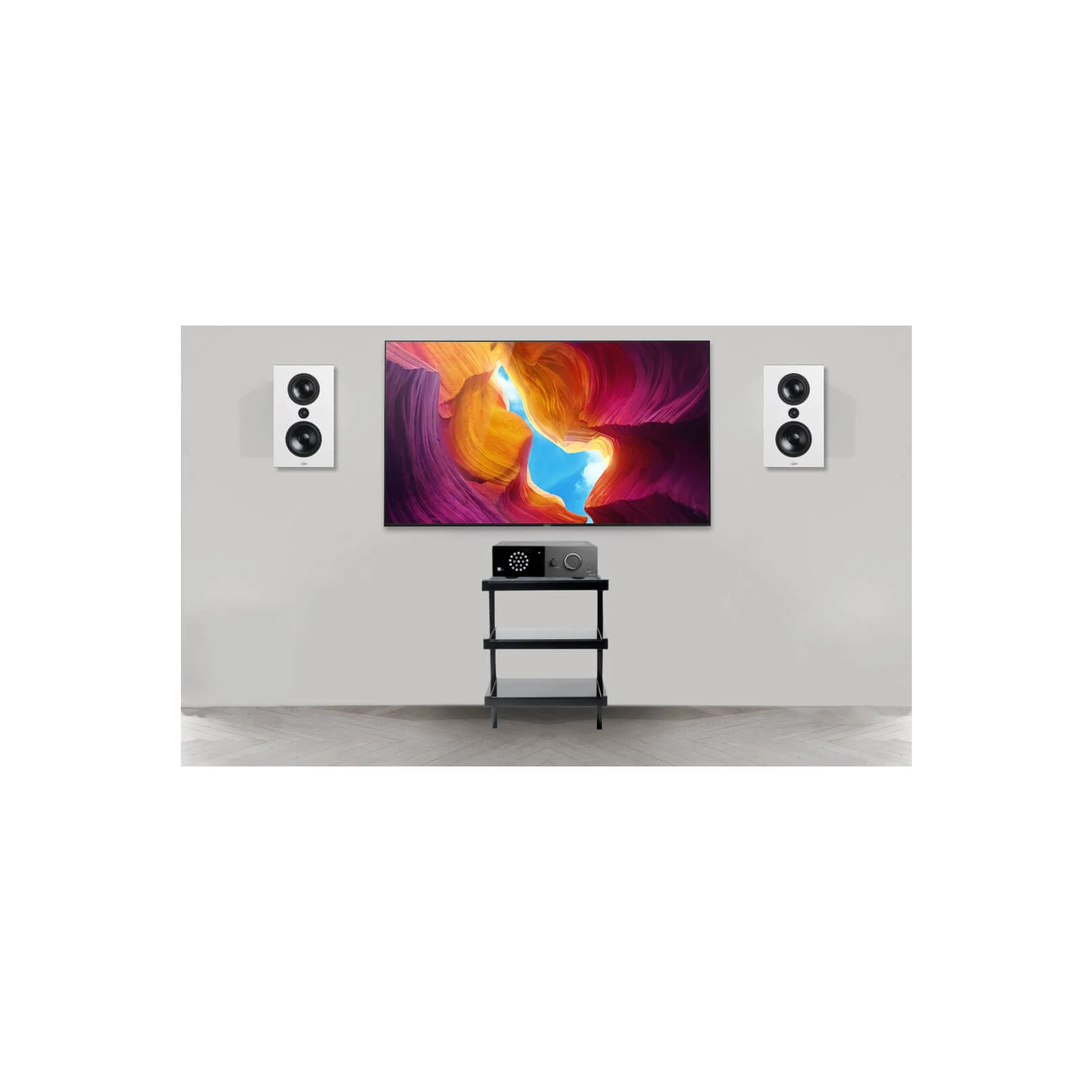 Sistem Stereo Lyngdorf cu amplif. TDAI-1120 + boxe de perete full-range FR-1, Alb