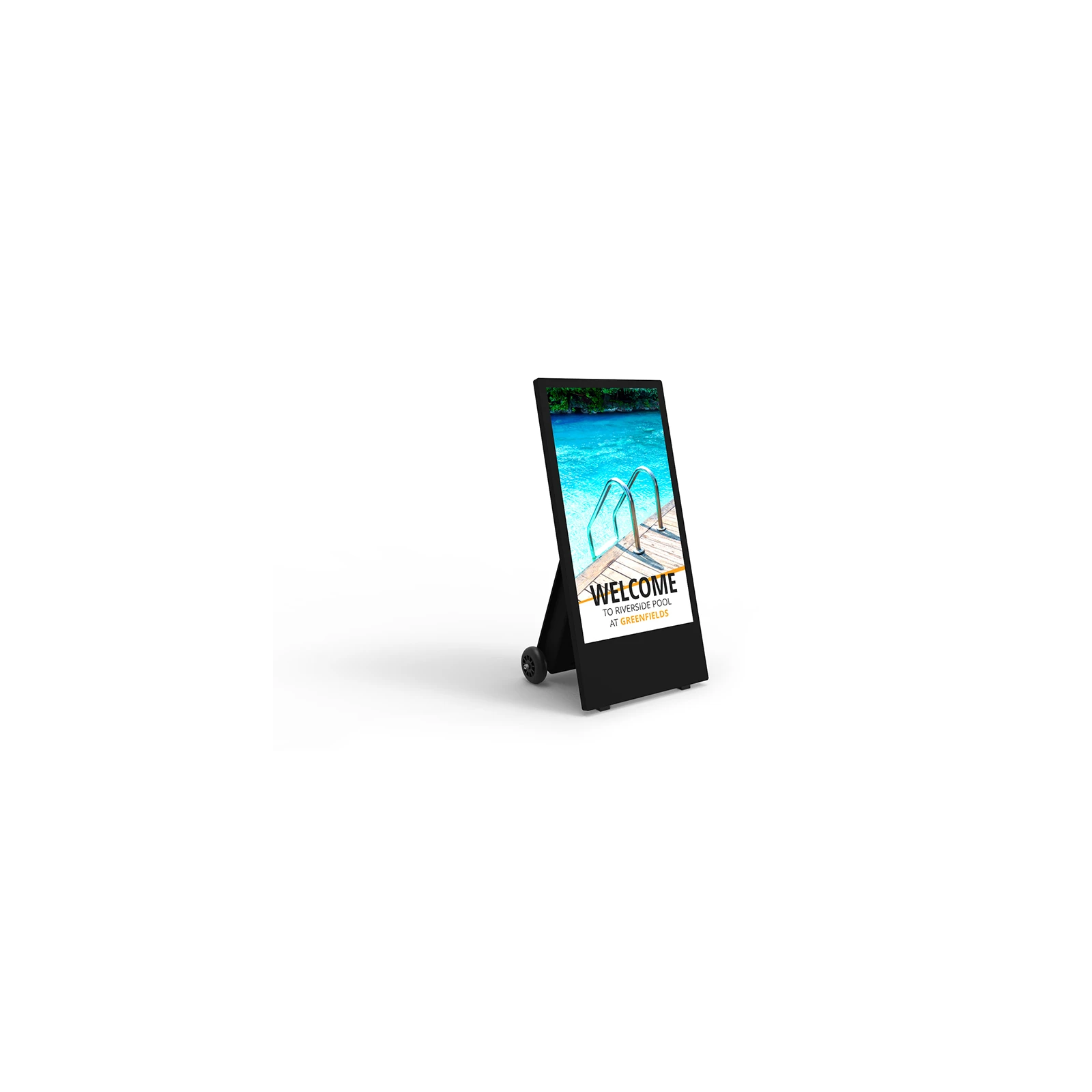 Stand publicitar A-Board Digital Outdoor 43” ALSEE cu baterie, 1500 cd/m², Android 14, IP65, rezistent la temperaturi ri