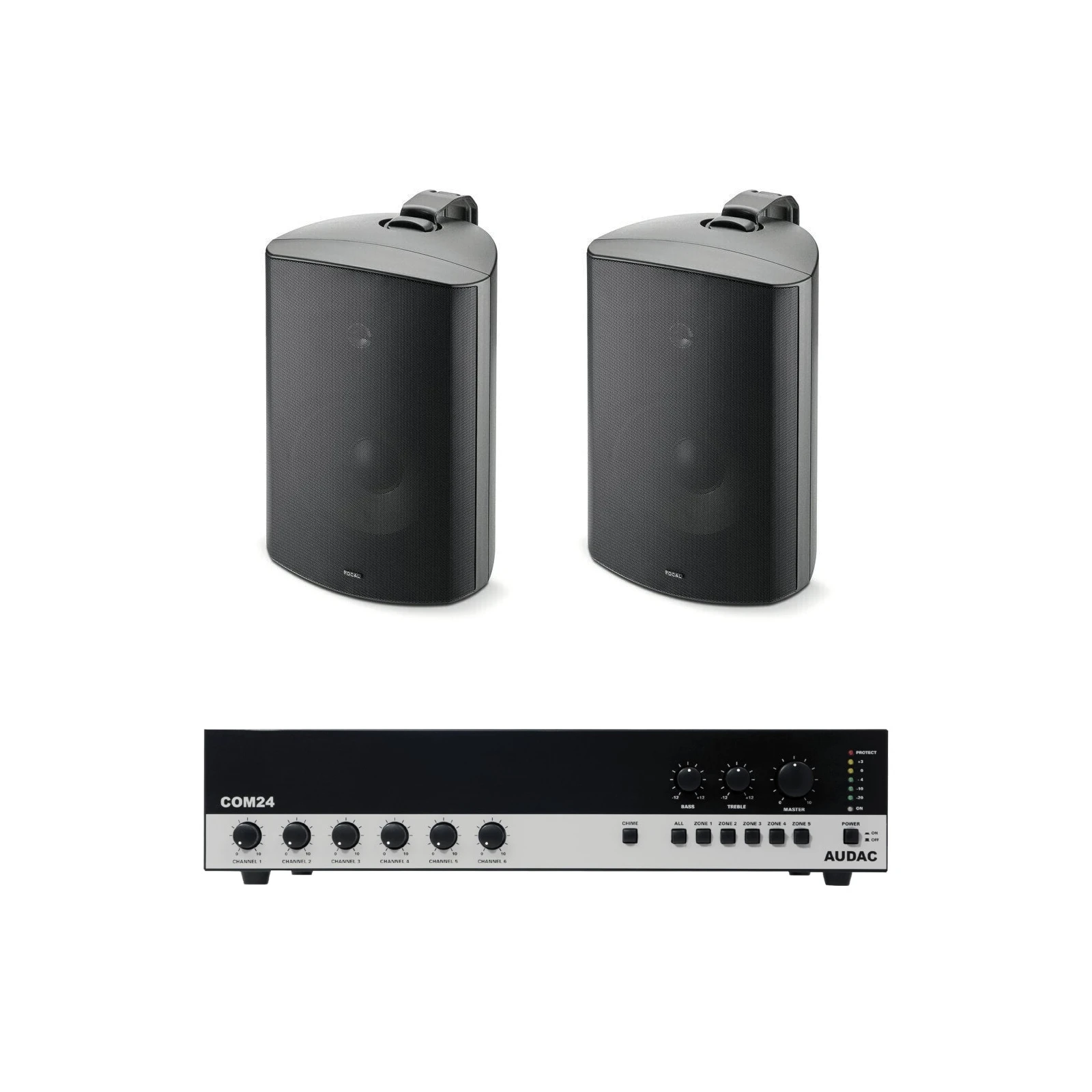 Pachet Sonorizare Terasa 240W pe 100V cu amplif. AUDAC COM24MK2 si 2x boxe Focal 100 OD8-T negru - TG26