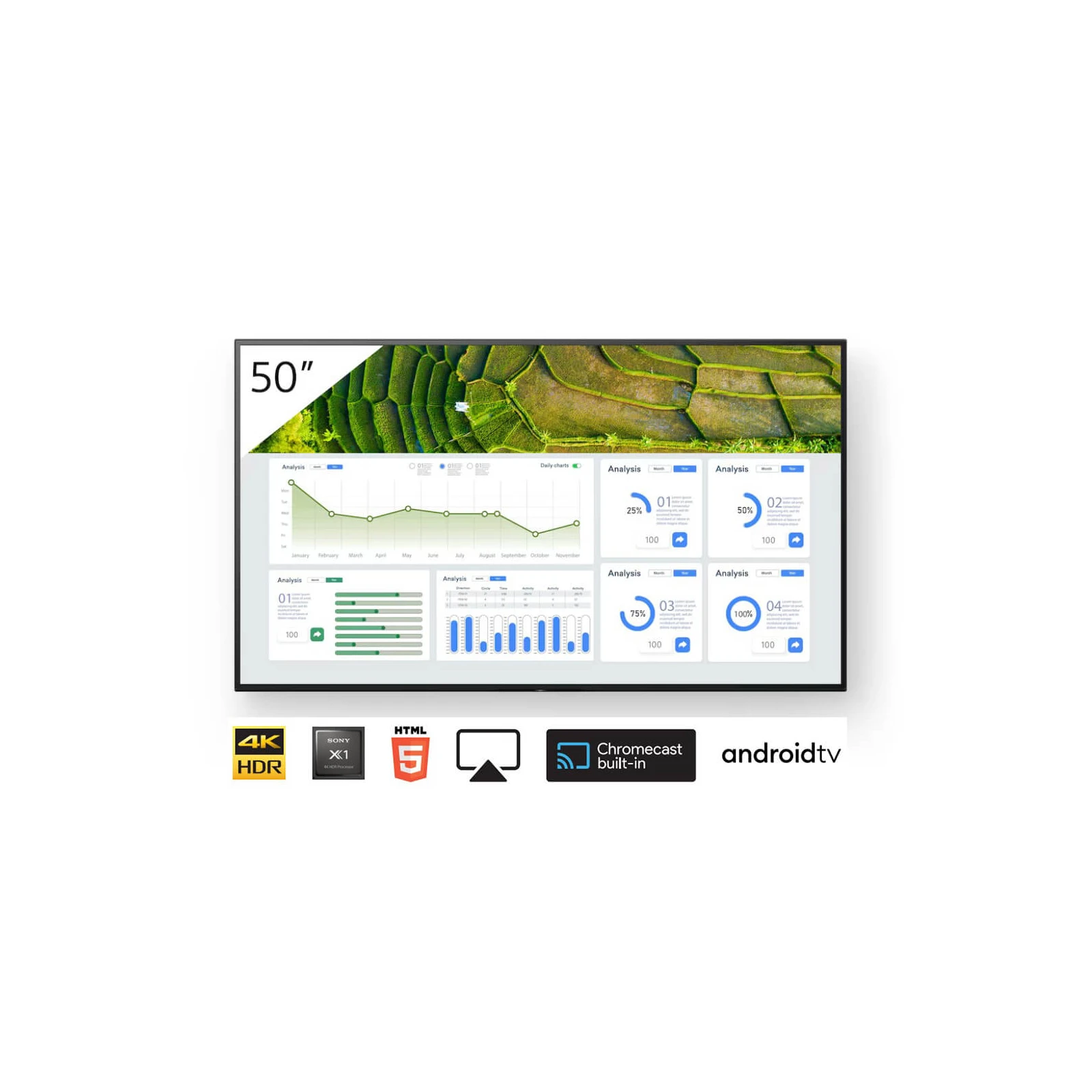 Display profesional 50" Sony Bravia, FW-50BZ30L, 440cd, 24/7, Landscape/Portrait, Apple AirPlay/Chromecast încorporat