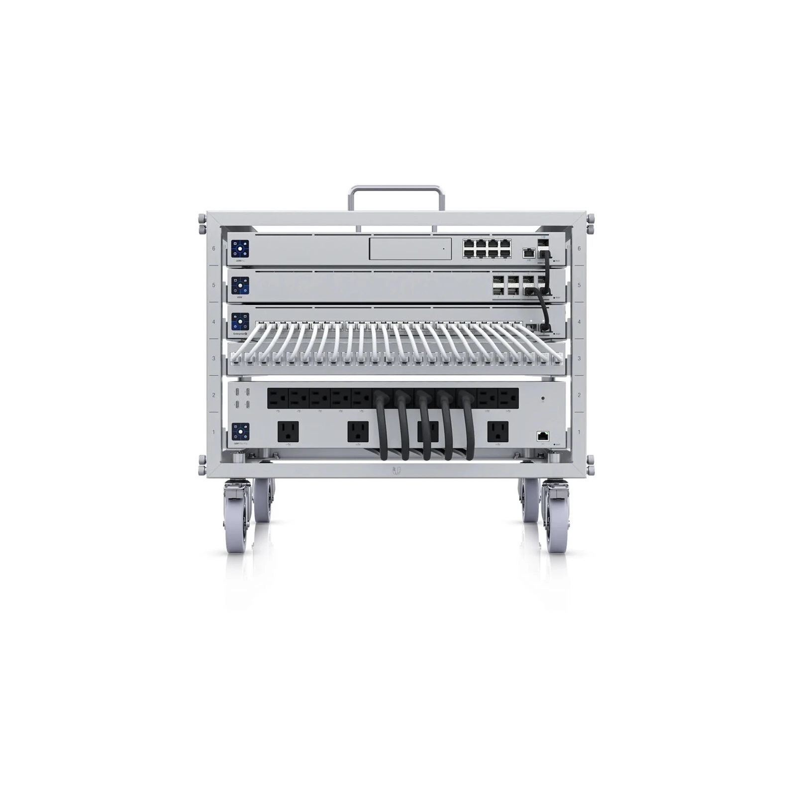 "6U-sized device rack with a 24-port bla