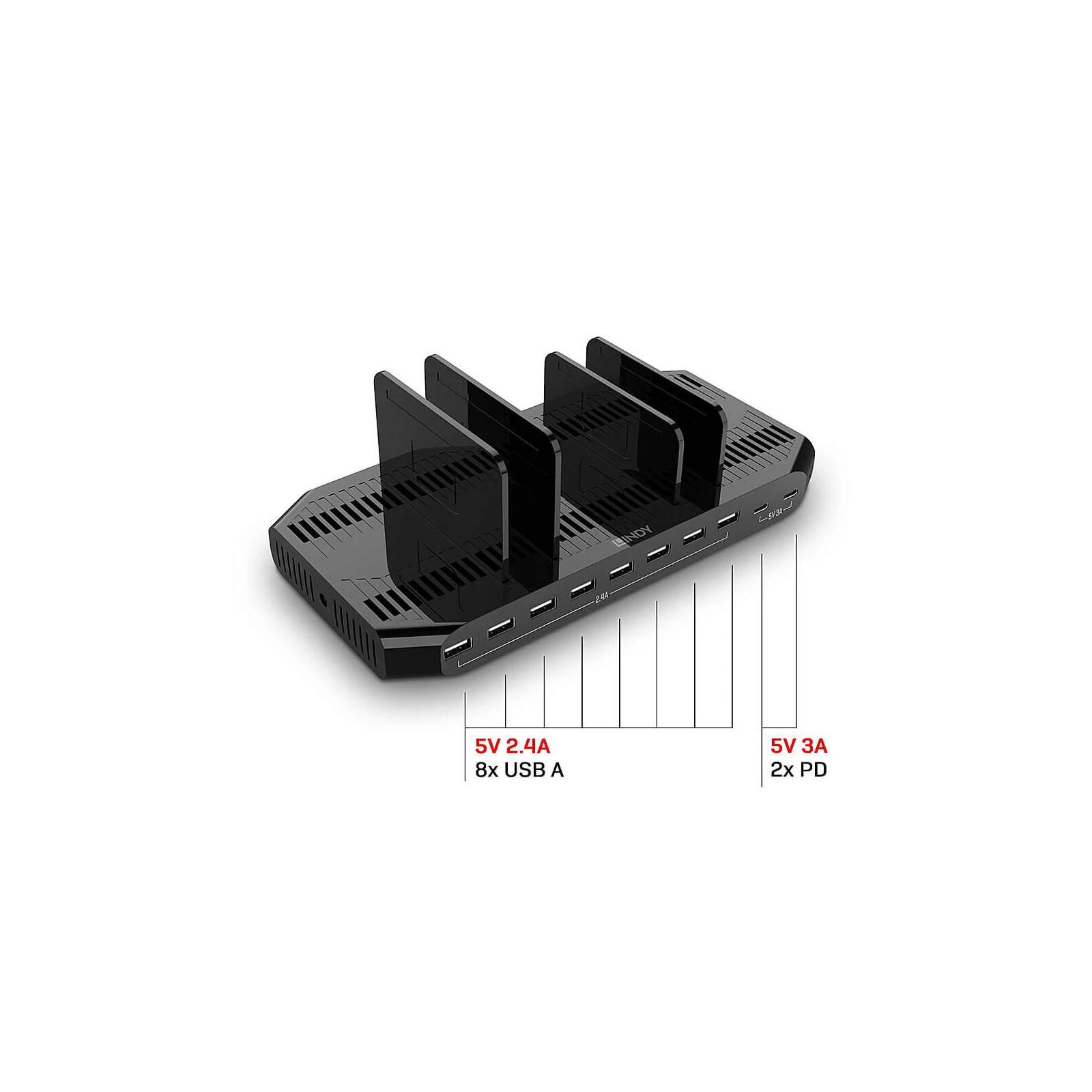 Statie de incarcare Lindy cu 10 porturi USB, 120W, 73435