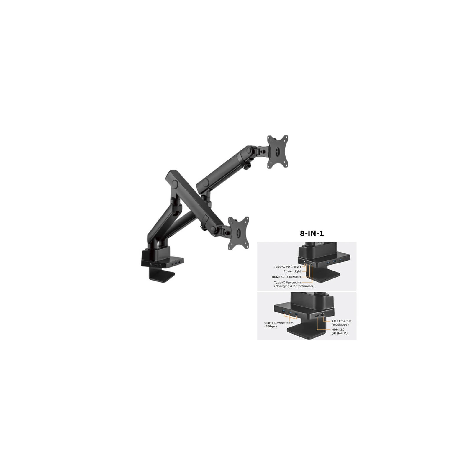 Suport 2 monitoare de masa cu Statie docking 8-in-1, Blackmount MNT20-2, 17"-32", max.8 kg/brat, otel, negru