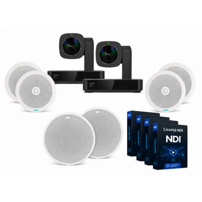Pachet videoconferință 4K PTZ + 2x microfon tavan + 4x boxe DSP703 + 4x licență NDI – Large Room