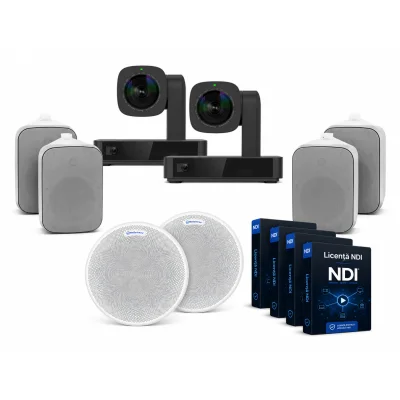 Pachet videoconferință 4K PTZ + microfon tavan + 2x boxe DSP5020 + 2x licență NDI – Medium Room