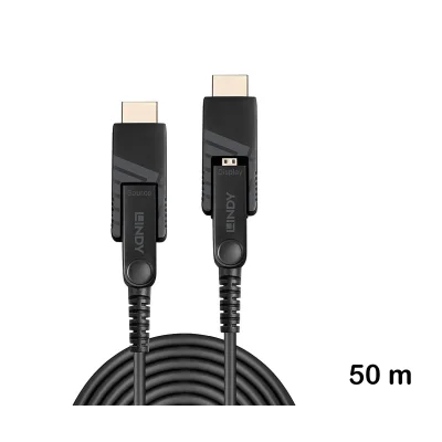 Cablu hibrid micro-HDMI 4K60 cu fibră optică de 50 m, cu conectori HDMI și DVI detașabili, Lindy 38324