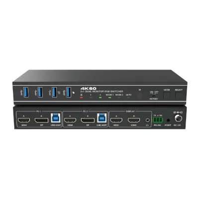 Switcher KVM 2x1,Dual=HDMI+DisplayPort=4K@60 Monitor,18Gbps,HDCP2.3,HDR/HDR10/HDR10+/Dolby Vision,RS232 si telecomanda