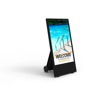 Stand publicitar A-Board Digital Outdoor 43” ALSEE cu baterie, 1500 cd/m², Android 14, IP65, rezistent la temperaturi ri
