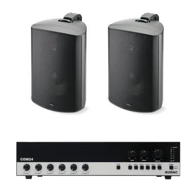 Pachet Sonorizare Terasa 240W pe 100V cu amplif. AUDAC COM24MK2 si 2x boxe Focal 100 OD8-T negru - TG26